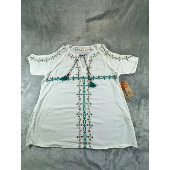 Ruff Hewn Womens Blouse Large Boho Embroidered Cold Shoulder Short Sleeve Tassel - Picture 7 of 16